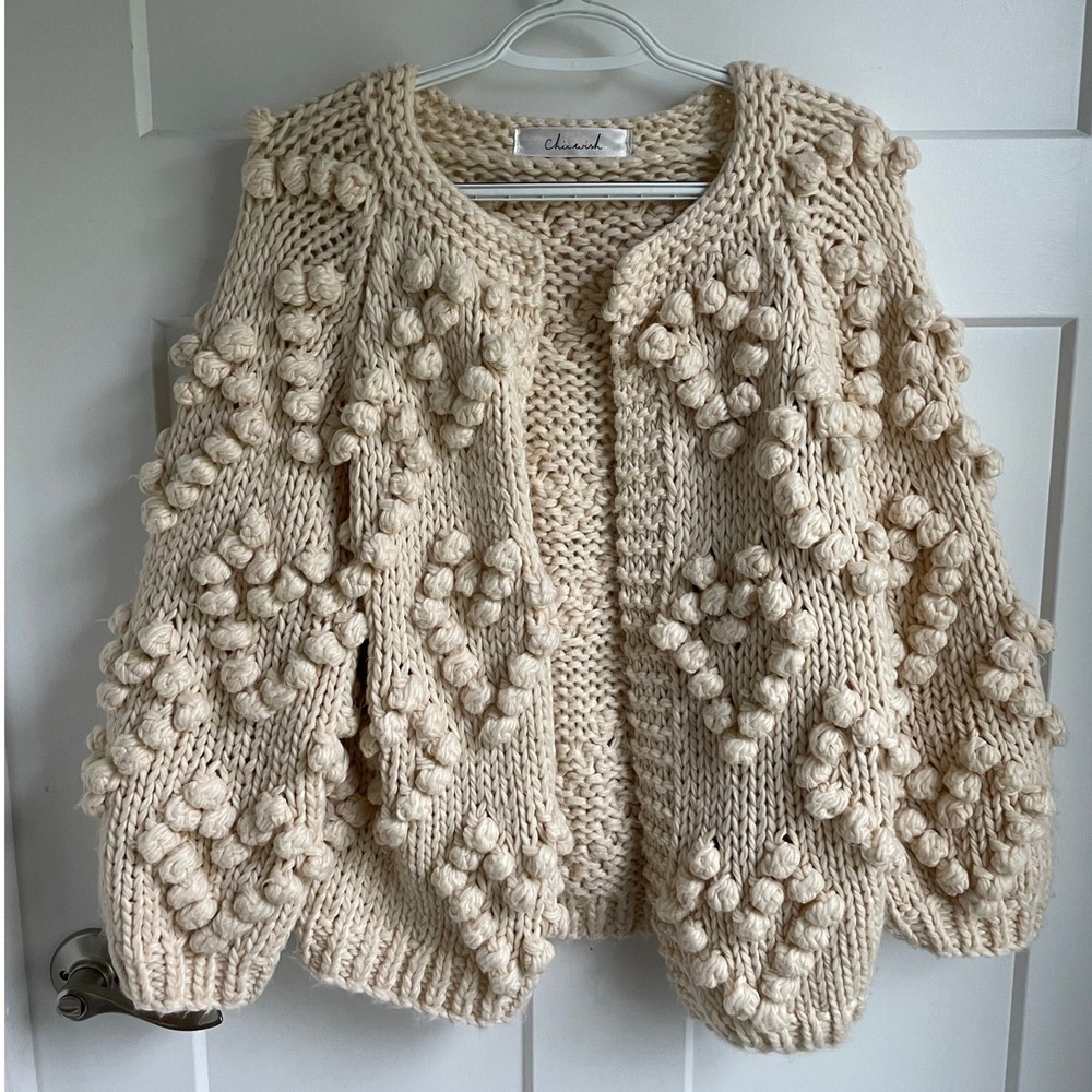 Chicwish Knit Your Love Ivory Chunky Cardigan Cream Pom Pom Heart Sweater S/M